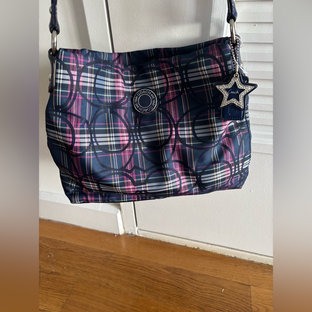 Coach Navy and Purple Tartan Plaid Nylon Crossbody Bag